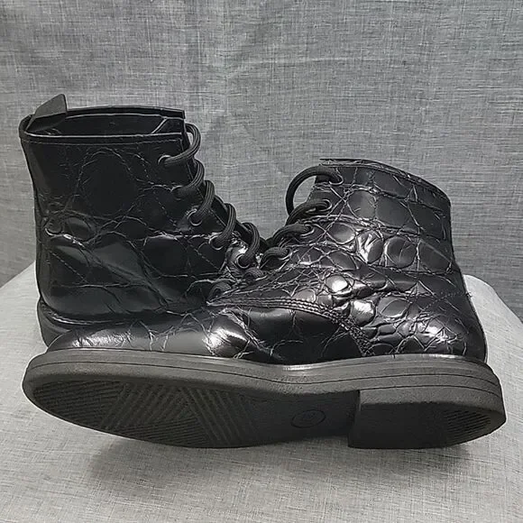 AGL Moreen Women's Black Croc Embossed Patent Leather Lace Up Boots Women's 39.5